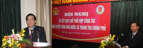 Tổng Kiểm toán Nhà nước Nguyễn Hữu Vạn và Tổng Thanh tra Chính phủ Huỳnh Phong Tranh phát biểu tại Lễ ký Quy chế 