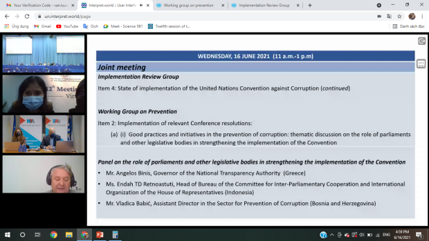 The 12th session of the Intergovernmental Working Group on Prevention of Corruption and the Implementation Review Group of the United Nations Convention against Corruption (UNCAC)